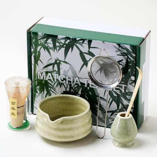 NEKIT Matcha Whisk Set, Unique Matcha Set - Matcha Bowl Matcha Whisk and Whisk Stand, Traditional Tea Scoop, The Perfect Ceremony Start Up Set to Prepare an Authentic Cup of Matcha (matcha green)