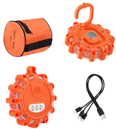 LED Road Flares Rechargeable USB Flashlight Emergency Safety Warning Light Kit with 9 Flash Modes,2 in 1 Charging Cable for Car Truck RV Vehicles Boat with Magnetic Base & Hook (2 Pack)
