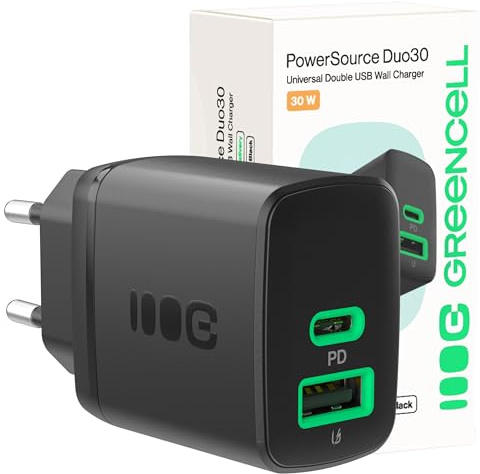 Greencell PowerSource Solo30 Chargeur USB-C Power Delivery Noir 30 W iPhone 17/Pro/Pro Max/iPhone Air/16/15, MacBook, Pixel 9, iPad, Samsung Galaxy S25 Ultra/S24 Series