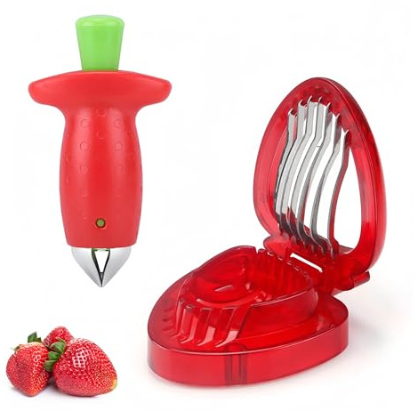 2Pcs Strawberry Huller and Strawberry Cutter, Strawberry Slicer, Strawberry Fruit Cutter, Cherry Fruit Vegetable Strawberry Stem and Leaf Remover, for Jam Making and Baking