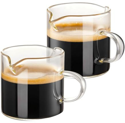 eyYvxmep Espresso Cups Set of 2, 4 OZ Double Spouts Cups, Espresso Shot Glasses, Milk Cup with Handle, Clear Glass, Espresso