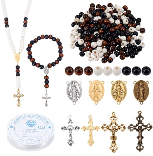 nbeads Über 348 Stück Rosenkranz-Schmuck machen Findings Kits, Inklusive Holz Runde Perlen Legierung Kreuz Anhänger mit Elastischen Kristallfaden für DIY Handwerk