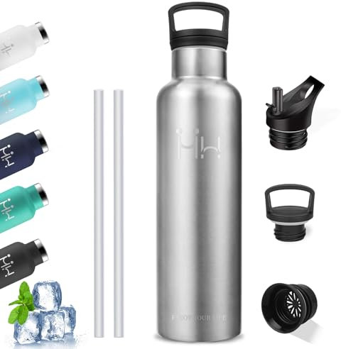 Borraccia Termica, Borraccia 1 litro, Senza BPA, Borracce con Cannuccia, Senza Perdite, Borraccie Acciaio Inox, Acciaio Inossidabile 18/8, Bottiglia Metallo per Uffici, Outdoor, Campeggio, Fitness