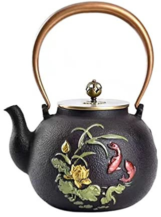 Théière en fonte Théière japonaise Théière chinoise 47oz/1,4L Bouilloire en fonte Théière à eau bouillante Cuivre peint non revêtu fait à la main Couvercle en cuivre Bouilloire à thé en fonte