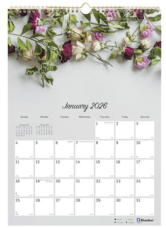 Blueline® 2026 Colorful Monthly Wall Calendar, 12 Months, January to December, Gold Twin-Wire Binding, 12 x 17, Romantic (C173122-26)
