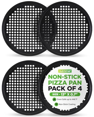 NutriChef Non-Stick Pizza Pans 33cm, 4-Pack Round Pizza Tray for Oven, Commercial-Grade Carbon Steel Baking Steel, Non Stick Grey Coating, Ideal Baking Accessories for Stuffed Crust
