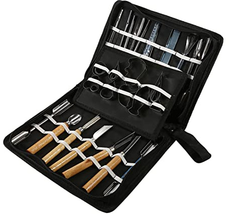 Eacam 46pcs di Taglio della Cucina Utensili da Intaglio di Ferro Fissati con Manico in Legno o Plastica, Kit di Scalpelli a Terra Vegetale a Prova di Ruggine e Robusti per Chef,