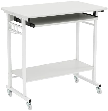 GIANTEX Scrivania mobile per computer con ruote, scrivania con ampia superficie di lavoro, estrattore per tastiera, supporto per CPU e ganci, tavolo per PC industriale, per casa e studio, 80 x 50 x 75