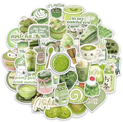 50 Pieces Aesthetic Matcha Stickers for Water Bottle|Vinyl Waterproof Sticker Laptop Skateboard Phone Car Decals for Teens Adults Party Favors Supplies Decor (Matcha Decals)