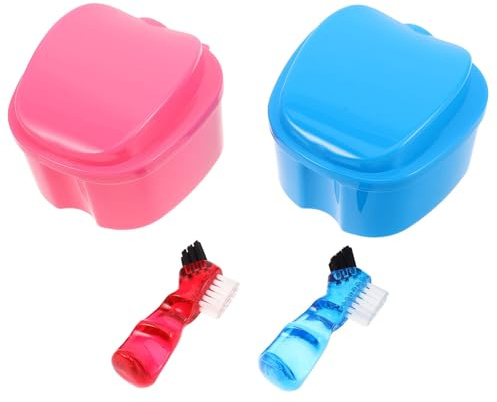 OATIPHO Étui Pomme Pour Prothèses Dentaires Bleu Clair 2 Pièces Brosse Double-face Portable Étanche Nettoyage Voyage Soins Bucco-dentaires Prothèses Partiales