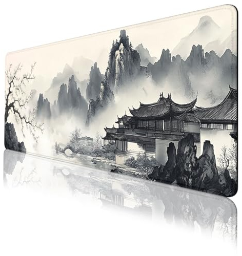 LSXP JR Japanese Ink Gaming Mouse Pad Black White Zen Mountain Landscape Large Gaming Mouse Mat with Stitched Edges,Non-Slip Waterproof Rubber Base Mous Mat
