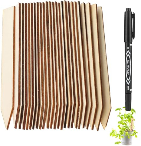 Alinw 50 Pcs Wooden Plant Labels, Plant Markers Labels Wood for Garden, Garden Name Tags and Marker Pen for Outdoor Plants Potted Herbs Flowers Vegetables（14.8X 2 cm ）