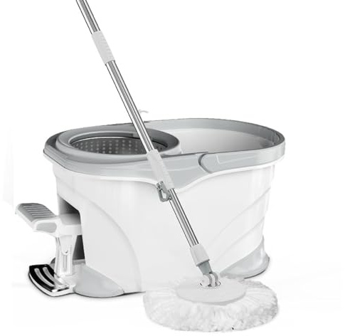 Fregonas Fregona giratoria con Pedal y Cubo de Acero Inoxidable Juego – Solución de Limpieza sin Esfuerzo, A