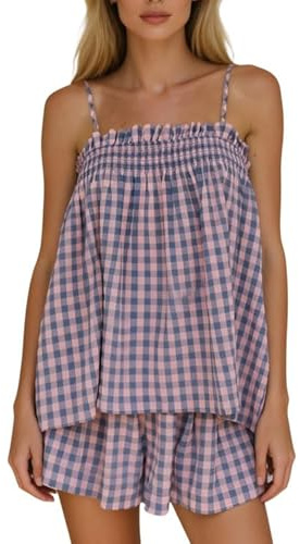 Women Gingham 2 Piece Pajama Flowy Peplum Babydoll Top Shorts Sets | Summer 2 Piece Lounge Outfits, Sleeveless Plaid Cami Tank Tops Wide Leg Shorts Sets