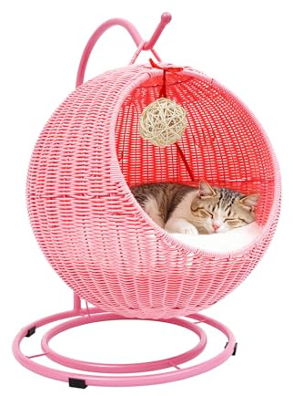 Katzenschaukel - Hängesessel für Katzen, KatzenhäNgematte, Rattan äHnliche HäNgekorb-KatzenhöHle, Freistehend, 7,5 Kg Lasten Kratzposten Weichem Kissen, Platzsparend, für Wohnzimmer/Balkon (Rosa)