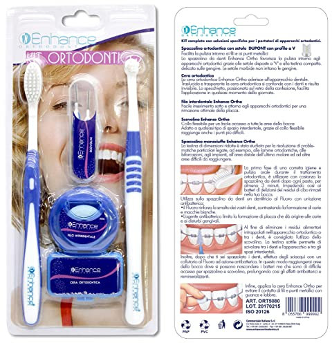 Kit Pulizia Ortodontico Spazzolino igiene orale cera ortodontica scovolino filo interdentale spazzolino monociuffo, spazzolino setole a V, pulizia bracket, apparecchio ortodontico dentale Enhance
