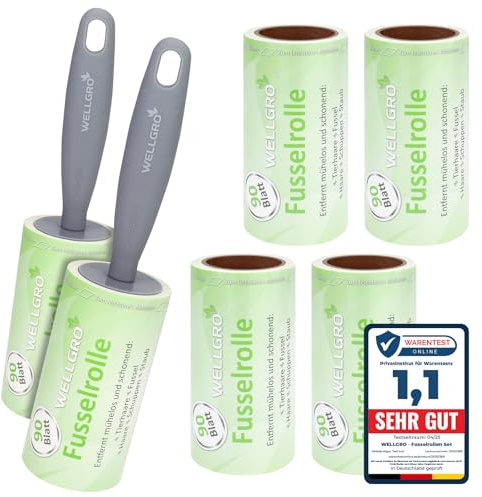 WELLGRO Rodillos para Pelusas - 6 Rollos con 90 Hojas Cada uno + 2 dispensadores, 540 Hojas Perforadas en Diagonal para facilitar el pelado - Rodillo para Pelusas, Juego de 6