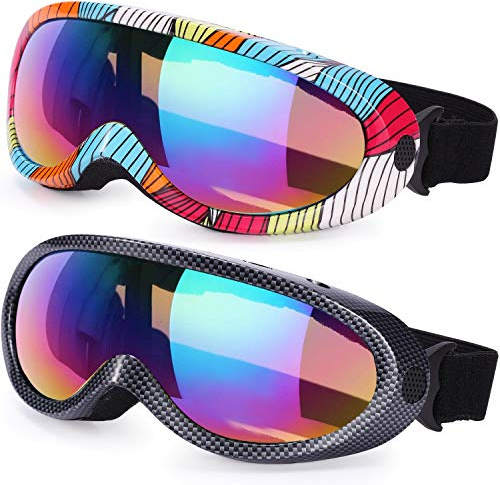 anteojos de esquí,Paquete de 2,Gafas de Snowboard para niños,jóvenes, Hombres y Mujeres,con protección UV 400,Resistencia al Viento,Patrón de cuadrícula Multicolor/Rayas de Color Multicolor