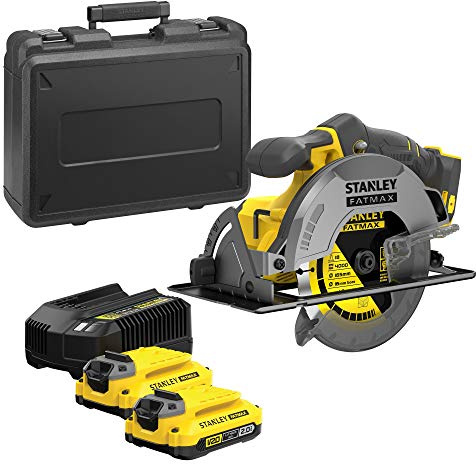 STANLEY FATMAX V20 Scie Circulaire Sans Fil 18 V Li-Ion Moteur Brushless 190mm Vitesse 5000 trs/mn Coupe Biaise 55° 1 Mallette 3 Accessoires 2 Batteries 4 Ah 1 Chargeur SFMCS550M2K-QW