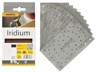 Mirka papel de lija Iridium 81x133mm cierre adhesivo 54 agujeros grano 120 | Papel de lija premium para lijar lacas masillas imprimación madera acero y plásticos con cierre adhesivo y 54 agujeros