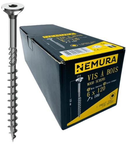 Nemura Lot de 100 Vis à Bois 6 x 120 mm - en Acier Zingué à Tête Fraisée - vis à bois Torx - Visses Spéciales pour Bois et Aggloméré - Haute Qualité Durable - Marque Francaise