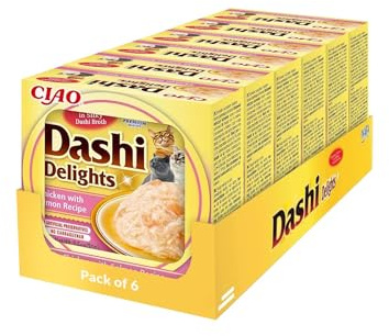 INABA Dashi Delights - bitar i en buljong av laxboniflingor - 6 x 70 g - topping - proteinrik - naturliga ingredienser - läcker och hälsosam - kattpasta