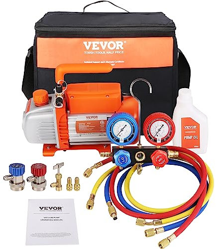 VEVOR Kit Pompa a Vuoto Monostadio per Aria Condizionata di Automobili 180W Pressione 55-276 Bar, Kit Pompa Vuoto 4 CFM per Riparazione di Condizionatore Frigo Refrigeranti HVAC Vuoto Assoluto 5 Pa