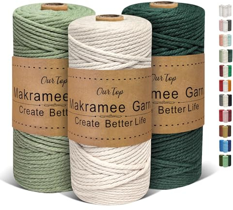 OurTop Premium Makramee Garn 3er Set, 3mm x 100m Macrame Cord Makramee Schnur Makramee Kordel, Garn für DIY Handwerk, Weben Dekoration, Hängepflanze Pflanze Aufhänger(Natur, Hellgrün, Dunkelgrün)