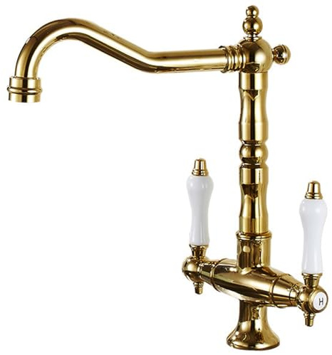 Robinet de Cuisine Doré Antique à Deux Poignées - Mitigeur Haute Pression avec Bec Pivotant à 360° pour Évier et Lavabo, Style Rétro