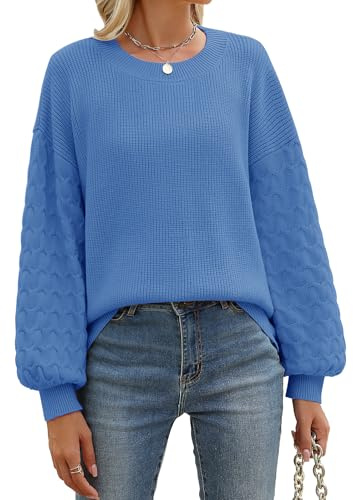 heekpek Jersey Punto Mujer Cuello Redondo Suave Sueter Mujer Manga Larga de Linterna Cálido Suelto Jersey Mujer Otoño Invierno Elegante