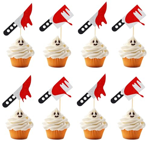 Arthsdite 24 Stück Halloween Cupcake Toppers Glitzer Horror Blutmesser Cupcake Picks Killer Geburtstag Kuchen Dekorationen für Halloween Blutmesser Thema Geburtstag Party Supplies