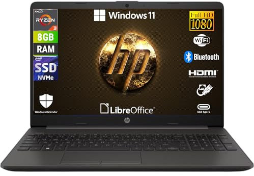 HP 255 G10, AMD Ryzen 3-7320u 4 Core 2,4 Ghz, ordinateur portable 15,6 Full HD, RAM 8 Go DDR4 256 Go SSD, Windows 11 Pro, prêt à l'emploi avec Libre Office