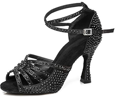JUODVMP Sandali da Ballo con Strass da Donna Tacchi da Ballo Nero Glitterati Scarpe da Ballo Standard Latino-Salsa 7,5cm,40EU