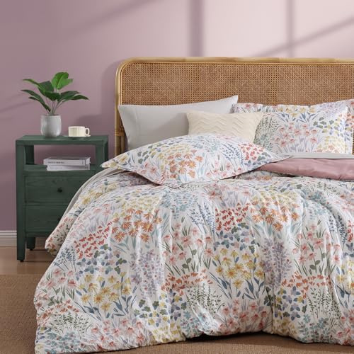CASAAGUSTO Full Comforter Set, 7 PCS Pinkish Floral Comforter Set with Flowers Leaves Pattern, Soft Seersucker Design All Season Full Size Bedding Set(80X90)