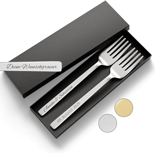 SMARTEON Gabel Set mit personalisierter Gravur – Hochzeitsgeschenke für Brautpaar, Geburtstag, Jubiläum, Geschenkidee für Paare – Kuchengabeln mit Namen mit Geschenkbox (Design 1, Silber)