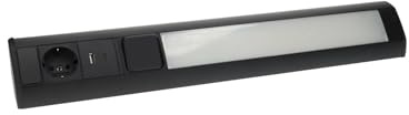 Masterled - Barra LED Negra Bajo Mueble Cocina con Enchufe Schuko y USB A+C, Barra LED 9W 900lm, Luz Bajo Armario con Interruptor, Regleta Enchufes para Cocina, Taller, 52 cm, Negra