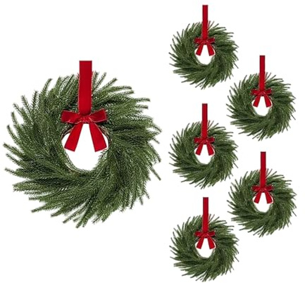 6 Stück Weihnachtskranz Set, 26 cm Kleine Weihnachtskränze, Mini-Kränze, Künstliche Norfolk Tannenkranz mit Rotem Samtband, für Fenster, Türen und Wanddekoration