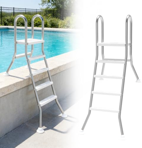 Froadp Poolleiter Edelstahl 4 Stufen - Edelstahl mit Rutschfesten Kunststoffstufen - 150kg Tragfähigkeit - für Teilversenkte Pools bis 135 cm Tiefe - Silber und Weiß - Stabil, Leicht zu Montieren