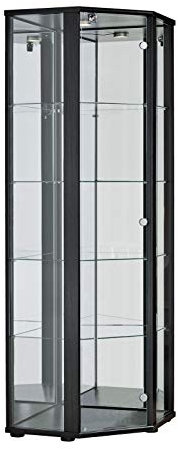 K-Möbel Eckvitrine in Schwarz (176x56,5x56,5 cm) mit 4 Glasböden, Schloss, Spiegel & LED - Modellauto Vitrine Schwarz - Vitrinenschrank Holzoptik - Sammlervitrine - Wohnzimmerschrank Glasvitrine