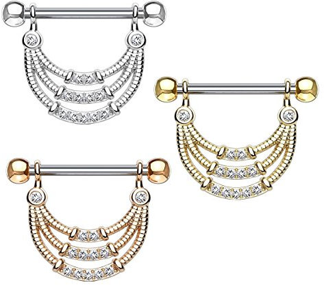 beyoutifulthings Brustwarzen-Piercing Set ANHÄNGER 3 Reihen ZIRKONIA Brust-Piercing Nippel-Piercing Edelstahl Clear Gold Silber ROSÈGOLD 1,6mm 14mm