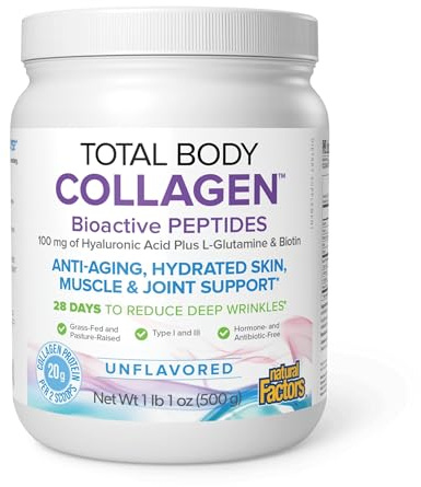 Natural Factors Total Body Collagen - Bioactive Collagen Supplement for Hair & Nail Growth Support - Healthy Skin Supplement with Protein, Vitamin C & More - Unflavored, 500 g (38 Servings)