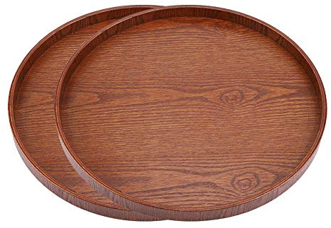 2Pcs Jpanese Style Wooden Serving Tray Round Natural Wooden Plate Tea Food Server Dishes Water Drink Platter 37.5 cm / 14.76 inch