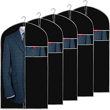 URMI Suit Bag, Breathable 60 x 100cm (5 PCS) Garment Bags Clothes Bags for Storage with Clear Window Dust Moth Proof Dress Bags Protector for Suit, Coat, Jacket, Dress Closet Storage Black