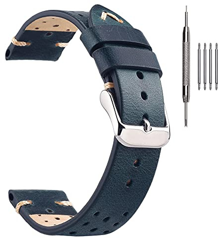 EACHE Bracelet Montre 20mm, Bracelet Montre Cuir de Style Rallye avec Perçage Manuelle, Bracelets de Montres pour Homme/Femme (Huile Cire Bleu)