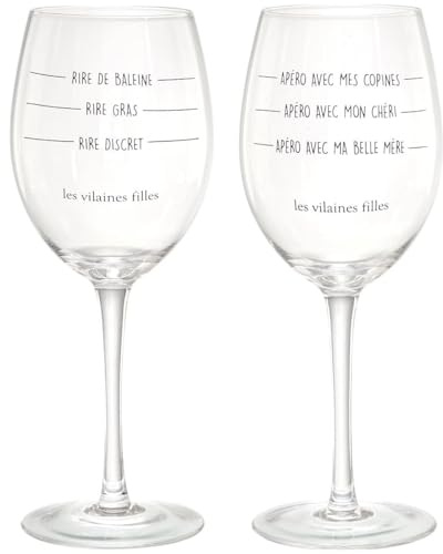 Les Vilaines Filles LA Chaise Longue - Coffret De 2 Verres À Vin Niveau - Verre - Graduations Humoristiques, Art De La Table, Usage Festif - 500 ML - 130 GR - Lavable à la Main - Transparent