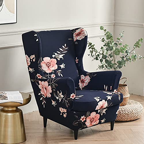 Highdi 2 Teilig Ohrensessel Überzug, Universal (Duftende Blume Blau) | Sessel-Überwürfe Ohrensessel Schonbezüge Bezug Sesselhusse Elastisch Stretch Tiger Stuhlbezug mit Armlehne Hohe Rückenlehne
