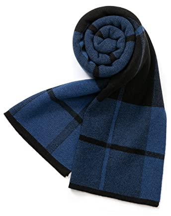 Villand Australischer Merinowolle Tartan Strickschal für Herren, karierte Winterwarme dicke weiche Halsbekleidung mit Geschenkbox, 180 × 30 cm (Marineblau Kariert)