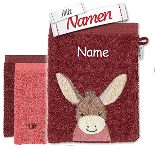 3er-Pack Sterntaler Esel Emmily Kinder Waschhandschuh mit Namen bestickt, Baby Kleinkind Waschlappen, Mädchen Waschtuch zum baden, Geschenk zur Geburt Taufe Ostern Nikolaus, Mitbringsel