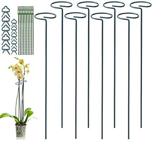 JIALWEN 8 Stück 40 cm Pflanzenstütze, Garten-Einzelstiel-Metall-Pflanzenstützpfahl mit 10 Pflanzenbindern und 10 Pflanzenklammern für Blumen, Tomaten, Lilien, Pfingstrosen, Rosen