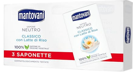 Mantovani - Sapone Neutro Solido, di Origine Vegetale con Latte di Riso, Dermatologicamente Testato, 3 x 90gr